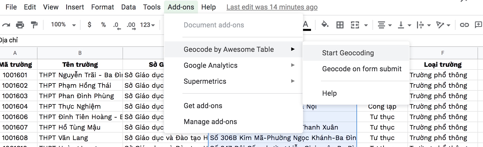 Hình 6: Sau khi cài xong, vào Add-Ons trên menu, chọn Geocode by Awesome Table, chọn Start Geocoding